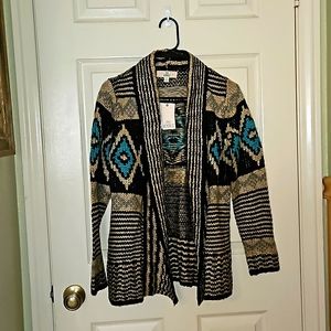 Aztec Tan, Black, & Turquoise Cardigan Sweater